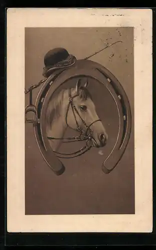 AK Reitpferd, Kopfportrait im Hufeisen-Rahmen