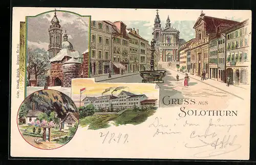 Lithographie Solothurn, Ortspartie mit Brunnen, Kirche im Winter, Gebäudeansicht