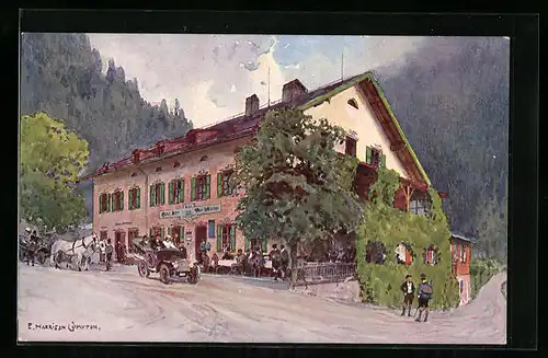 Künstler-AK Edward Harrison Compton: Urfeld am Walchensee, Wiesmayers Hotel Post und Jäger am See