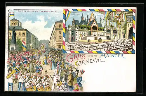 Lithographie Mainz, Zug in der Lufwigstrasse, Fasching, Carneval