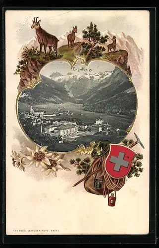 Passepartout-Lithographie Engelberg, Ortsansicht aus der Vogelschau, Wappen