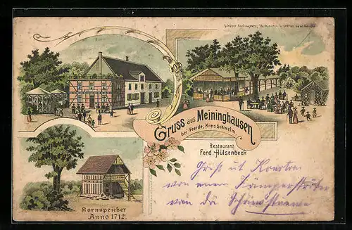 Lithographie Meininghausen bei Voerde, Restaurant Ferd. Hülsenbeck, Garten, Ortspartie
