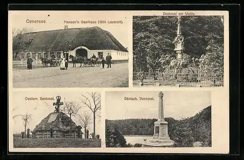 AK Oeversee, Hansen`s Gasthaus, Denkmal am Walde & Dänisches Denkmal