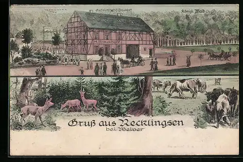 Künstler-AK Recklingsen bei Melver, Gasthaus H. Braukhoff und königlicher Wald, Weidende Kühe, Rehe im wald