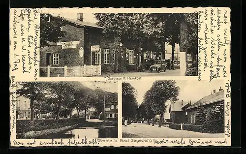 AK Weede b. Bad Segeberg, Gasthaus F. Havekost, Uferpartie, Strassenpartie