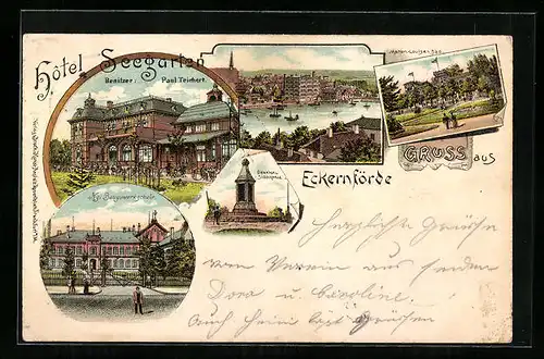 Lithographie Eckernförde, Hotel Seegarten, Marien-Louisen Bad, Königliche Baugewerkschule