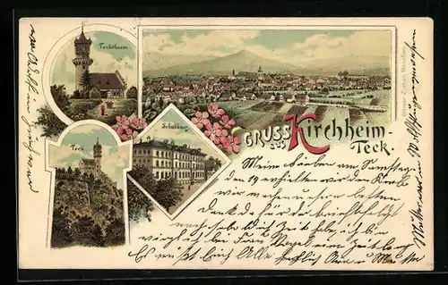 Lithographie Kirchheim-Teck, Schulhaus, Teckturm, Teck