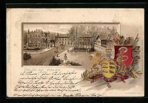 Passepartout-Lithographie Aalen, Strassenpartie mit Passanten, Wappen