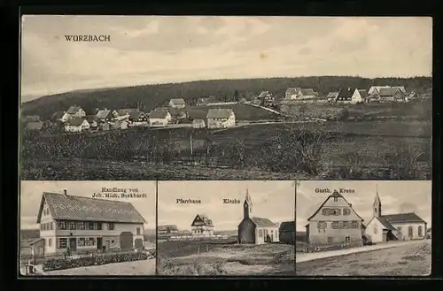 AK Würzbach, Gasthaus Krone, Handlung ovn Joh. Mich. Burkhardt, Pfarrhaus und Kirche