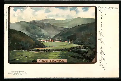 Lithographie Freiburg i. Br., Blick ins Güntersthal mit Bergpartie