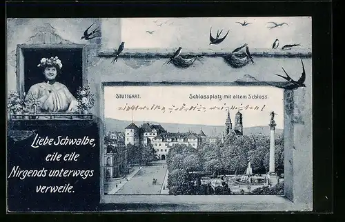 AK Stuttgart, Schlossplatz mit altem Schloss