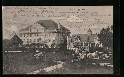 AK Bühl /Baden, Stadtgarten mit Denkmal, Realschule und Turnhalle