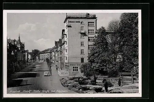 AK Rastatt, Strasse mit Alpinum, Schloss-Hotel