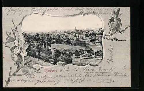 AK Pforzheim, Ortsansicht aus der Vogelschau