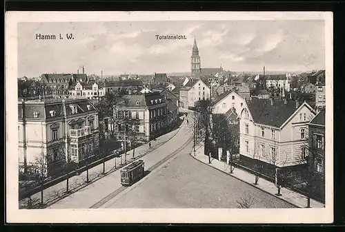 AK Hamm / Westf., Panorama mit Strassenbahn aus der Vogelschau