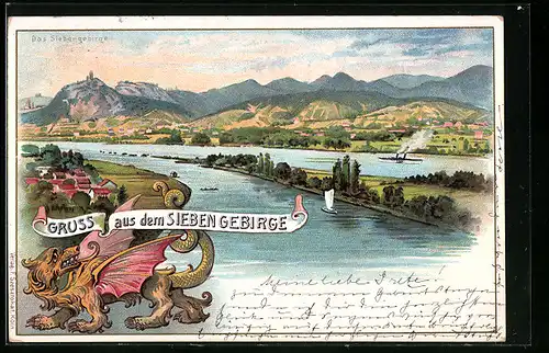 Lithographie Siebengebirge, Gebirgspanorama mit Rhein und Drachen