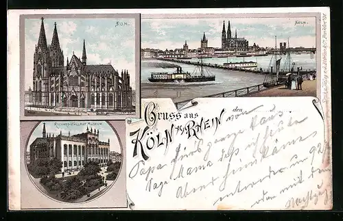 Lithographie Köln, Panorama mit Dampfer, Dom und Richard-Wallraf Museum