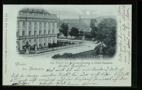 Mondschein-AK Ansbach, Kgl. Schloss mit Prinzenschlösschen u. Platen-Denkmal