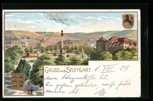 Lithographie Stuttgart, Blick auf den Schlossplatz, goldenes Wappen