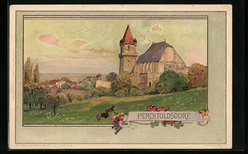 Künstler-AK Perchtoldsdorf, Die Kirche in der Dämmerung