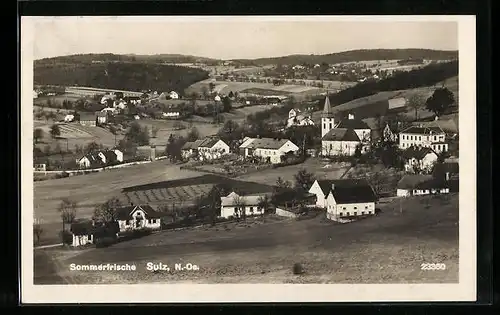 AK Sulz, Ortsansicht mit Fernblick aus der Vogelschau