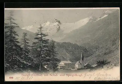 AK Gurgl /Ötzthal, Ortsansicht mit Schaf- und Spiegelkogel