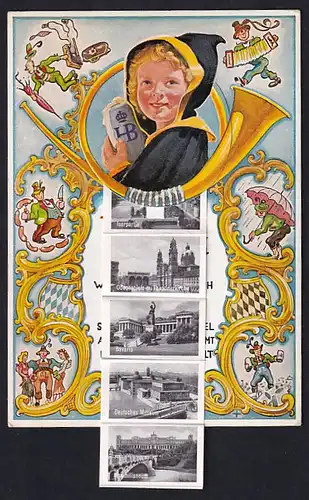 Leporello-AK München, Ansichten hinterm Münchner Kindl, Bavaria, Deutsches Museum, Maximilianeum, Karlsplatz