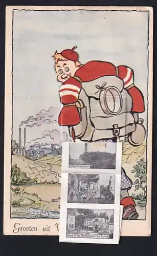 Leporello-AK Valkenburg, Wanderer mit Ansichten im Rucksack, Cauberg, Ruine