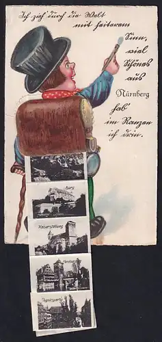 Leporello-AK Nürnberg, Wanderer mit Ansichten im Rucksack, Kaiserstallung, Henkersteg, Burg