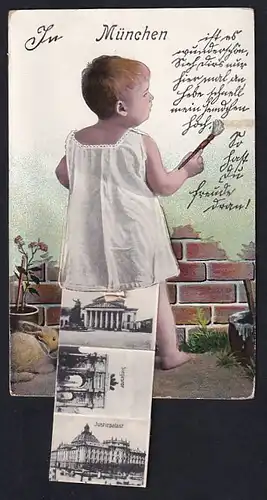 Leporello-AK München, Kind mit Ansichten unterm Hemdchen, Justizpalast, Siegesthor, Altes Rathaus