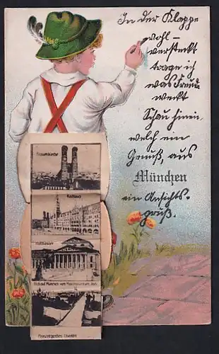 Leporello-AK München, Bayer mit Ansichten hinter der Lederhose, Frauenkirche, Rathaus, Residenz