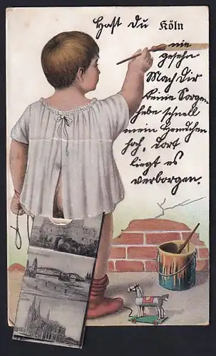 Leporello-AK Köln, Kleinkind mit Ansichten unterm Hemdchen, Deutscher Ring, Opernhaus, Hauptbahnhof