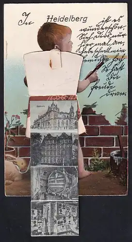 Leporello-AK Heidelberg, Kleinkind mit Ansichten unterm Hemdchen, Stadthalle, Schloss, Universitäts-Karzer