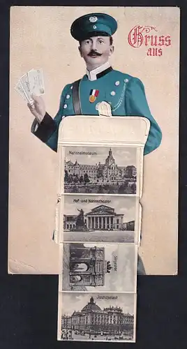 Leporello-AK München, Briefträger mit Ansichten in der Posttasche, Nationalmuseum, Altes Rathaus