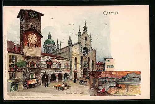 Künstler-AK Manuel Wielandt: Como, Ortspartie mit Kirche, Uferpartie