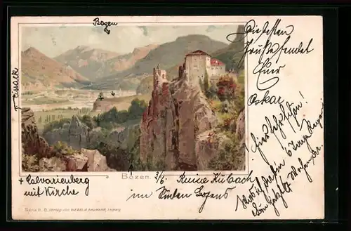 Lithographie Bozen, Die Haselburg (Schloss Khuepach) gegen die Sarnerscharte