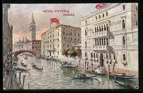 AK Venezia, Hotel Vittoria, Gondeln auf dem Kanal