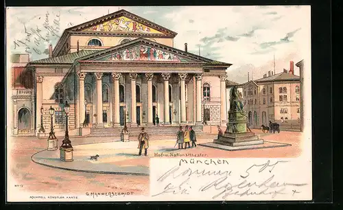 Lithographie München, Ansicht vom Hof- und Nationaltheater