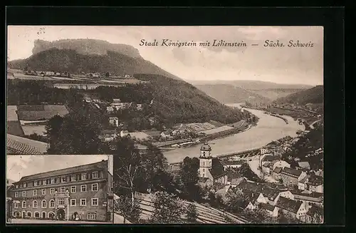 AK Königstein /Elbe, Hotel Sachsenhof, Totalansicht mit Lilienstein