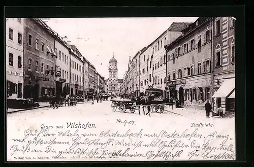 AK Vilshofen, Stadtplatz mit Pferdekarren
