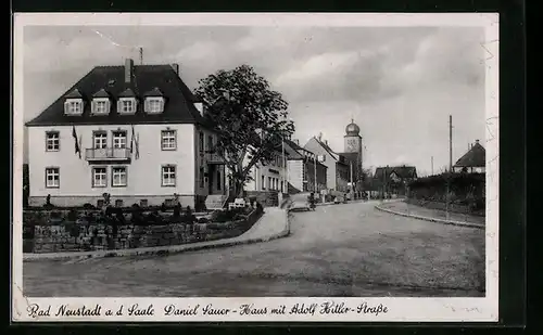 AK Bad Neustadt a. d. Saale, Daniel Lauer-Haus mit Strasse, -Flagge