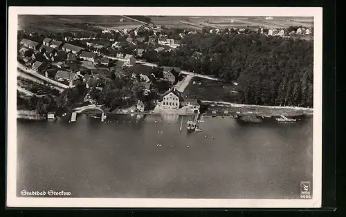 AK Storkow i. Mark, Fliegeraufnahme der Uferpartie