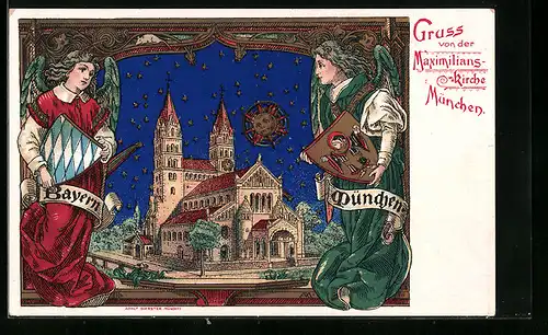 Lithographie München, Maximilianskirche und Engel