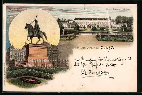 Lithographie Hannover, Schloss Herrenhausen und Reiterdenkmal mit Anlagen