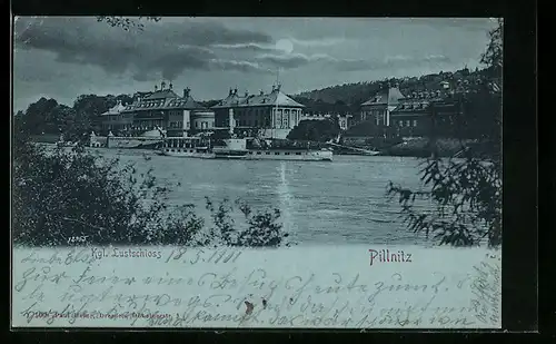 AK Dresden-Pillnitz, Flusspartie mit Blick auf das Kgl. Lustschloss