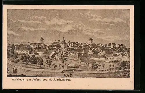 AK Waiblingen, Ortsansicht mit Passanten aus der Vogelschau