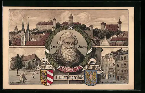 Künstler-AK Nürnberg, Katharinenkirche und Hans Sachshaus
