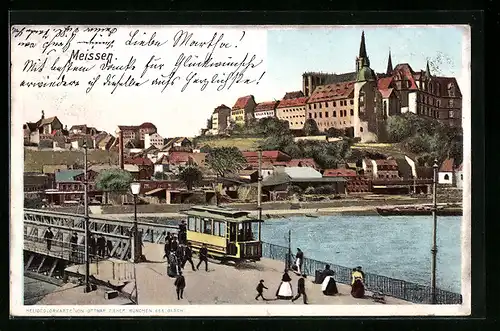 AK Meissen, Uferpartie mit Brücke und Strassenbahn