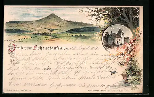 Lithographie Göppingen, Hohenstaufen, Barbarossa-Kirchlein