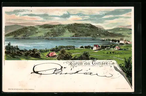 Lithographie Titisee, Ortsansicht aus der Vogelschau